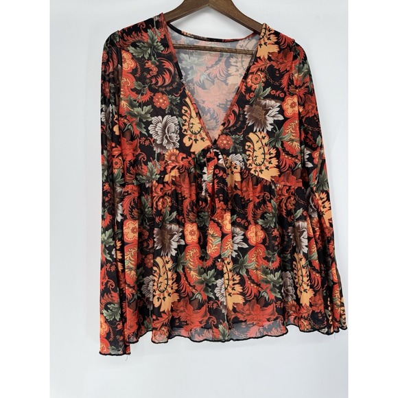 Babydoll Mesh Sheer Floral Paisley Boho V Neck Top XL tie front Asian print Y2K - Picture 2 of 7